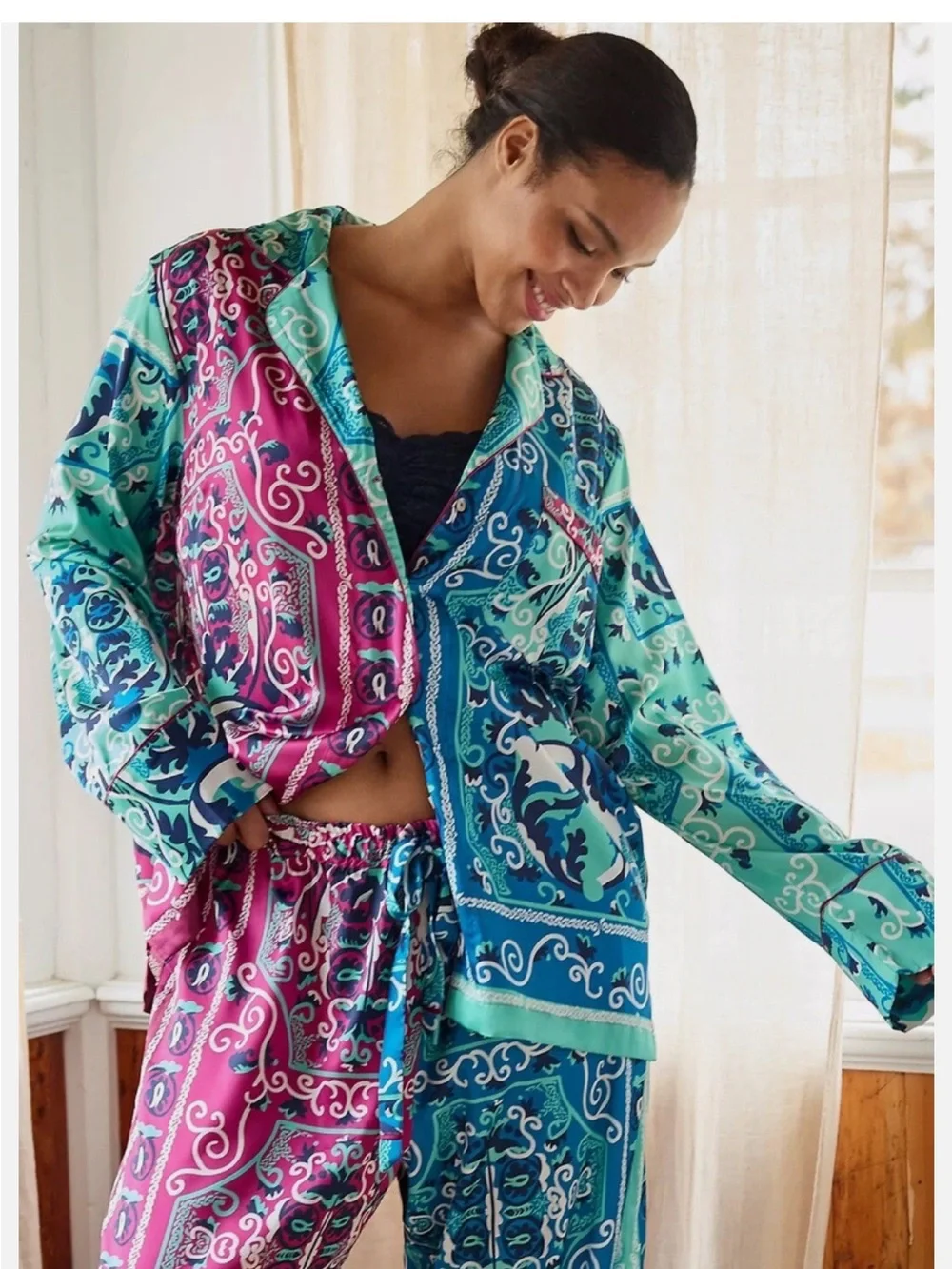 Anthropologie Silky Button Down Matching Pajama Set Women’s S/M Paisley Boho